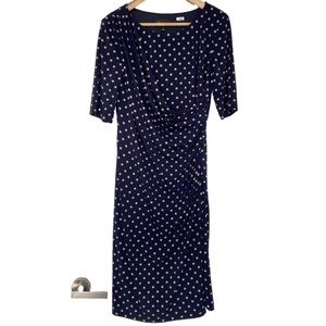 CONNECTED APPAREL NAVY/CREAM POLKA DOT WRAP STYLE JERSEY DRESS, SIZE 10